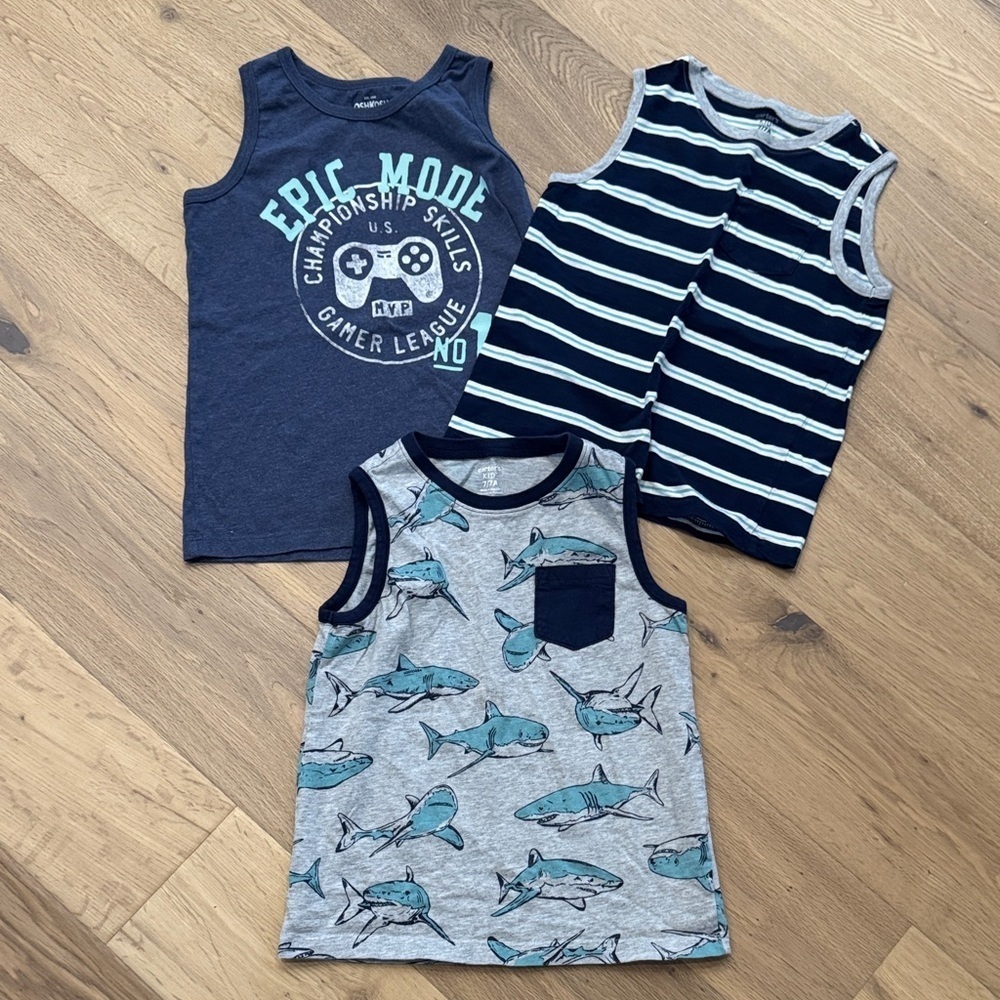 Carter's Navy, Striped, and Shark Tank Tops
